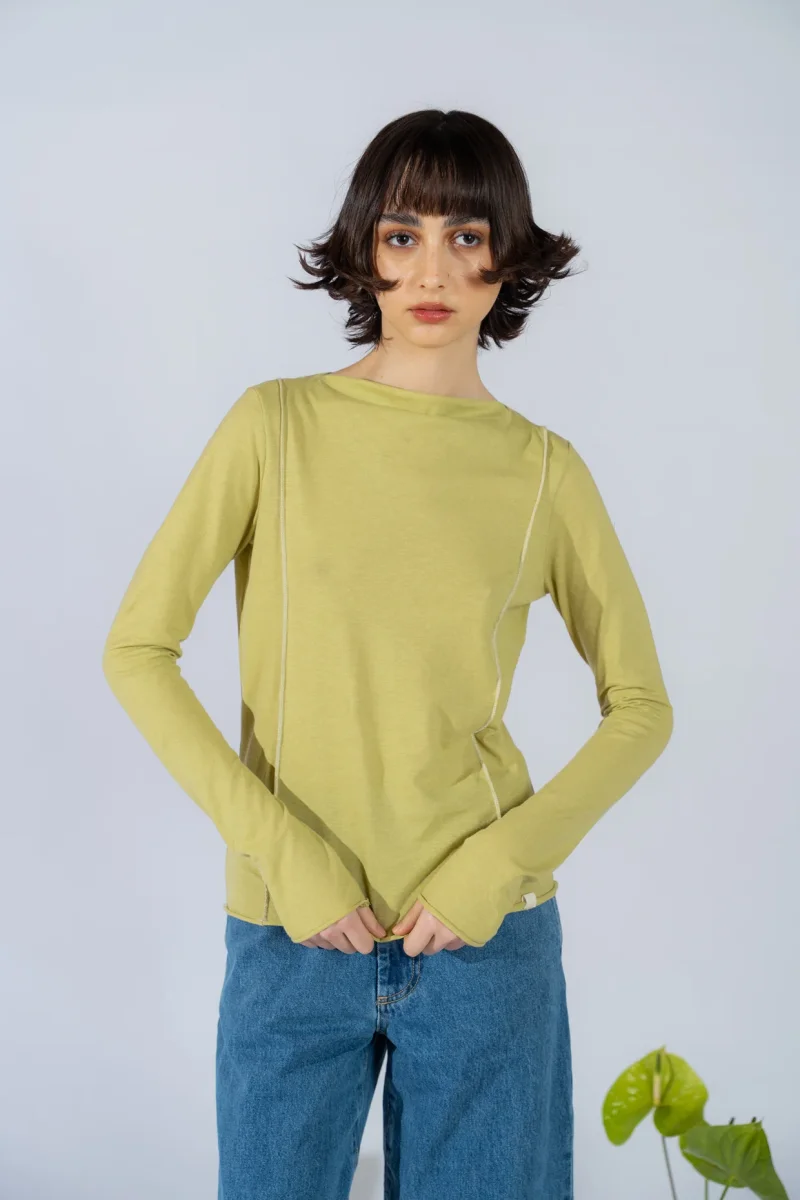 Tea Maglia manica lunga in cotone canapa con cuciture a contrasto - verde Bergamotto