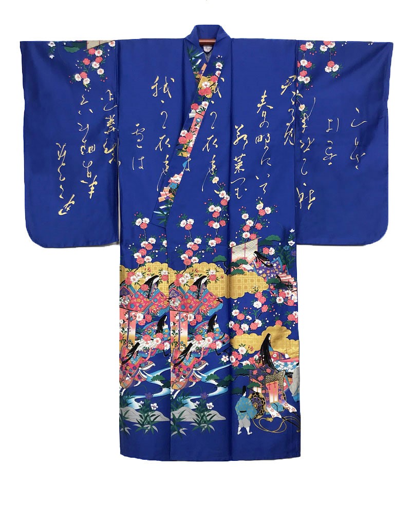 Yukata blu royal con scene di vita di corte e fiori di ciliegio