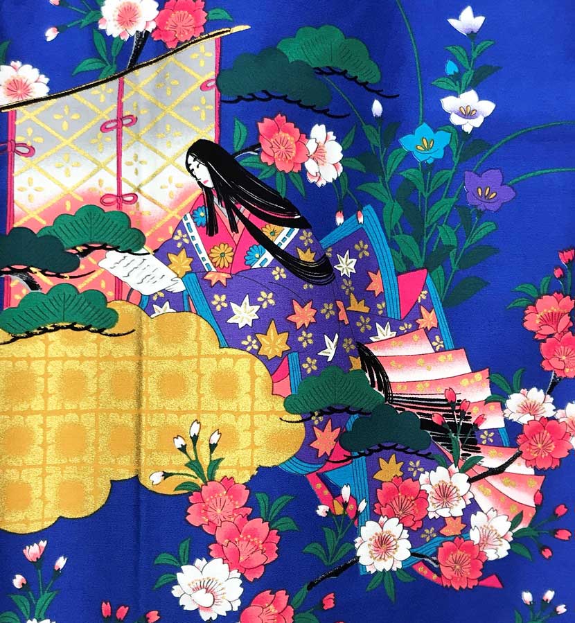 Yukata blu royal con scene di vita di corte e fiori di ciliegio - immagine 7