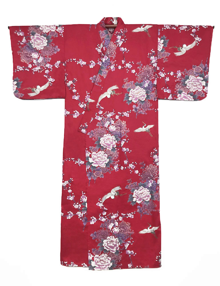 Yukata rosso con elegante motivo di gru, peonie e fiori di ciliegio - immagine 2