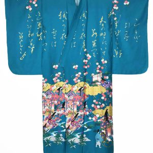 Yukata turchese con elegante motivo di rappresentazione della vita di corte e fiori di ciliegio